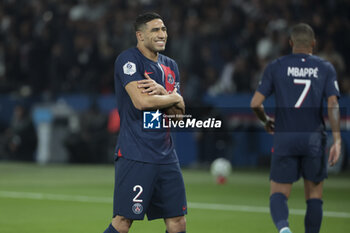 2023-09-24 - Achraf Hakimi of PSG celebrates his goal during the French championship Ligue 1 football match between Paris Saint-Germain and Olympique de Marseille on September 24, 2023 at Parc des Princes stadium in Paris, France - FOOTBALL - FRENCH CHAMP - PARIS SG V MARSEILLE - FRENCH LIGUE 1 - SOCCER