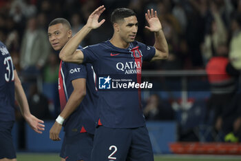 2023-09-24 - Achraf Hakimi of PSG celebrates his goal with Kylian Mbappe during the French championship Ligue 1 football match between Paris Saint-Germain and Olympique de Marseille on September 24, 2023 at Parc des Princes stadium in Paris, France - FOOTBALL - FRENCH CHAMP - PARIS SG V MARSEILLE - FRENCH LIGUE 1 - SOCCER