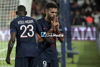 2023-09-24 - Goncalo Ramos of PSG celebrates his goal during the French championship Ligue 1 football match between Paris Saint-Germain and Olympique de Marseille on September 24, 2023 at Parc des Princes stadium in Paris, France - FOOTBALL - FRENCH CHAMP - PARIS SG V MARSEILLE - FRENCH LIGUE 1 - SOCCER