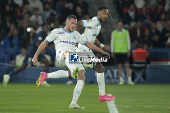 2023-09-24 - Jordan Veretout and Pierre-Emerick Aubameyang of Marseille during the French championship Ligue 1 football match between Paris Saint-Germain and Olympique de Marseille on September 24, 2023 at Parc des Princes stadium in Paris, France - FOOTBALL - FRENCH CHAMP - PARIS SG V MARSEILLE - FRENCH LIGUE 1 - SOCCER