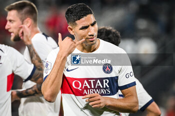 2023-10-08 - Achraf HAKIMI of PSG celebrates his goal during the French championship Ligue 1 football match between Stade Rennais (Rennes) and Paris Saint-Germain on October 8, 2023 at Roazhon Park in Rennes, France - FOOTBALL - FRENCH CHAMP - RENNES V PARIS SG - FRENCH LIGUE 1 - SOCCER