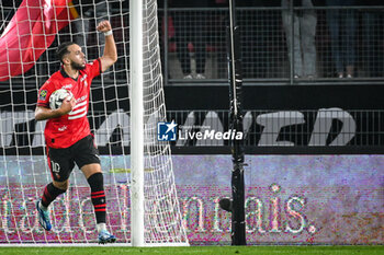 2023-10-08 - Amine GOUIRI of Rennes celebrates his goal during the French championship Ligue 1 football match between Stade Rennais (Rennes) and Paris Saint-Germain on October 8, 2023 at Roazhon Park in Rennes, France - FOOTBALL - FRENCH CHAMP - RENNES V PARIS SG - FRENCH LIGUE 1 - SOCCER