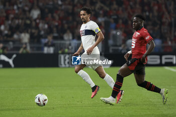 2023-10-08 - Marquinhos of PSG, Arnaud Kalimuendo of Rennes during the French championship Ligue 1 football match between Stade Rennais (Rennes) and Paris Saint-Germain on October 8, 2023 at Roazhon Park in Rennes, France - FOOTBALL - FRENCH CHAMP - RENNES V PARIS SG - FRENCH LIGUE 1 - SOCCER