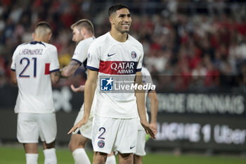 2023-10-08 - Achraf Hakimi of PSG celebrates his goal during the French championship Ligue 1 football match between Stade Rennais (Rennes) and Paris Saint-Germain on October 8, 2023 at Roazhon Park in Rennes, France - FOOTBALL - FRENCH CHAMP - RENNES V PARIS SG - FRENCH LIGUE 1 - SOCCER
