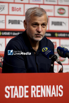 2023-10-08 - Coach of Stade Rennais Bruno Genesio during the post-match press conference following the French championship Ligue 1 football match between Stade Rennais (Rennes) and Paris Saint-Germain on October 8, 2023 at Roazhon Park in Rennes, France - FOOTBALL - FRENCH CHAMP - RENNES V PARIS SG - FRENCH LIGUE 1 - SOCCER