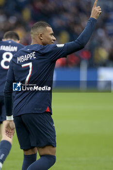 2023-10-21 - Kylian Mbappe of PSG celebrates his goal during the French championship Ligue 1 football match between Paris Saint-Germain and RC Strasbourg on October 21, 2023 at Parc des Princes stadium in Paris, France - FOOTBALL - FRENCH CHAMP - PARIS SG V STRASBOURG - FRENCH LIGUE 1 - SOCCER