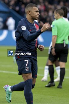 2023-10-21 - Kylian Mbappe of PSG celebrates his goal during the French championship Ligue 1 football match between Paris Saint-Germain and RC Strasbourg on October 21, 2023 at Parc des Princes stadium in Paris, France - FOOTBALL - FRENCH CHAMP - PARIS SG V STRASBOURG - FRENCH LIGUE 1 - SOCCER
