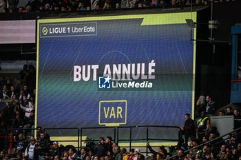2023-10-21 - This photo shows the giant screen of the stadium with the inscription "Goal cancelled" after consulting the video assistance (VAR) during the French championship Ligue 1 football match between Paris Saint-Germain and RC Strasbourg on October 21, 2023 at Parc des Princes stadium in Paris, France - FOOTBALL - FRENCH CHAMP - PARIS SG V STRASBOURG - FRENCH LIGUE 1 - SOCCER