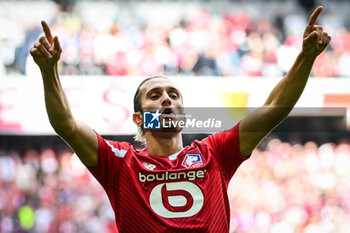 2023-10-22 - Yusuf YAZICI of Lille celebrates his goal during the French championship Ligue 1 football match between Losc Lille and Stade Brestois (Brest) on October 22, 2023 at Pierre Mauroy stadium in Villeneuve-d'Ascq near Lille, France - FOOTBALL - FRENCH CHAMP - LILLE V BREST - FRENCH LIGUE 1 - SOCCER