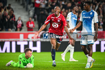 2023-10-29 - Bafode DIAKITE of Lille celebrates his goal, Philipp KOHN of Monaco and Wilfried SINGO of Monaco look dejected during the French championship Ligue 1 football match between Losc Lille and AS Monaco on October 29, 2023 at Pierre Mauroy stadium in Villeneuve-d'Ascq near Lille, France - FOOTBALL - FRENCH CHAMP - LILLE V MONACO - FRENCH LIGUE 1 - SOCCER