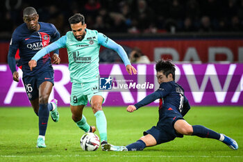 2023-11-03 - Nordi MUKIELE of PSG, Mousa AL-TAMARI of Montpellier and Lee KANG-IN of PSG during the French championship Ligue 1 football match between Paris Saint-Germain and Montpellier HSC on November 3, 2023 at Parc des Princes stadium in Paris, France - FOOTBALL - FRENCH CHAMP - PARIS SG V MONTPELLIER - FRENCH LIGUE 1 - SOCCER
