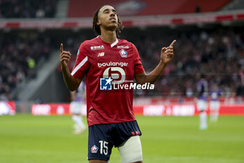 2023-11-12 - Leny Yoro of Lille celebrates his goal during the French championship Ligue 1 football match between Losc Lille and Toulouse Herault SC on November 12, 2023 at Decathlon Arena Stade Pierre Mauroy in Villeneuve-d'Ascq near Lille, France - FOOTBALL - FRENCH CHAMP - LILLE V TOULOUSE - FRENCH LIGUE 1 - SOCCER