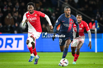 2023-11-24 - Soungoutou MAGASSA of Monaco, Ousmane DEMBELE of PSG and Mohamed CAMARA of Monaco during the French championship Ligue 1 football match between Paris Saint-Germain and AS Monaco on November 24, 2023 at Parc des Princes stadium in Paris, France - FOOTBALL - FRENCH CHAMP - PARIS SG V MONACO - FRENCH LIGUE 1 - SOCCER