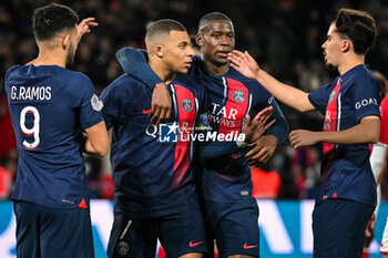 2023-11-24 - Kylian MBAPPE of PSG celebrate his goal with Goncalo RAMOS of PSG, Nordi MUKIELE of PSG and Vitor MACHADO FERREIRA (Vitinha) of PSG during the French championship Ligue 1 football match between Paris Saint-Germain and AS Monaco on November 24, 2023 at Parc des Princes stadium in Paris, France - FOOTBALL - FRENCH CHAMP - PARIS SG V MONACO - FRENCH LIGUE 1 - SOCCER