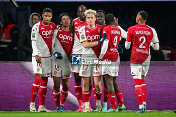2023-11-24 - Takumi MINAMINO of Monaco celebrate his goal with teammates during the French championship Ligue 1 football match between Paris Saint-Germain and AS Monaco on November 24, 2023 at Parc des Princes stadium in Paris, France - FOOTBALL - FRENCH CHAMP - PARIS SG V MONACO - FRENCH LIGUE 1 - SOCCER