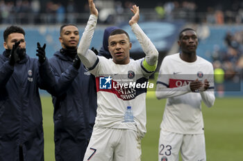 2023-12-03 - Kylian Mbappe of PSG celebrates the victory following the French championship Ligue 1 football match between Le Havre AC and Paris Saint-Germain on December 3, 2023 at Oceane stadium in Le Havre, France - FOOTBALL - FRENCH CHAMP - LE HAVRE V PARIS SG - FRENCH LIGUE 1 - SOCCER