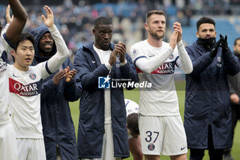 2023-12-03 - Lee Kang-in, Ousmane Dembele, Nordi Mukiele, Milan Skriniar, Goncalo Ramos of PSG celebrate the victory following the French championship Ligue 1 football match between Le Havre AC and Paris Saint-Germain on December 3, 2023 at Oceane stadium in Le Havre, France - FOOTBALL - FRENCH CHAMP - LE HAVRE V PARIS SG - FRENCH LIGUE 1 - SOCCER