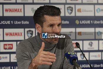 2023-12-03 - Coach of Le Havre AC Luka Elsner during the press conference following the French championship Ligue 1 football match between Le Havre AC (HAC) and Paris Saint-Germain (PSG) on December 3, 2023 at Stade Oceane in Le Havre, France - FOOTBALL - FRENCH CHAMP - LE HAVRE V PARIS SG - FRENCH LIGUE 1 - SOCCER
