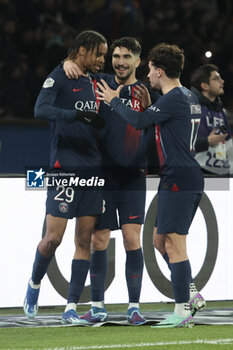 2023-12-09 - Bradley Barcola of PSG celebrates his goal with Carlos Soler, Vitinha of PSG during the French championship Ligue 1 football match between Paris Saint-Germain and FC Nantes on December 9, 2023 at Parc des Princes stadium in Paris, France - FOOTBALL - FRENCH CHAMP - PARIS SG V NANTES - FRENCH LIGUE 1 - SOCCER