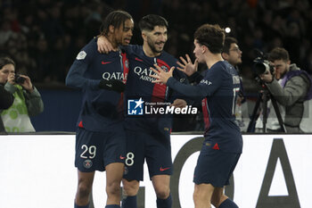 2023-12-09 - Bradley Barcola of PSG celebrates his goal with Carlos Soler, Vitinha of PSG during the French championship Ligue 1 football match between Paris Saint-Germain and FC Nantes on December 9, 2023 at Parc des Princes stadium in Paris, France - FOOTBALL - FRENCH CHAMP - PARIS SG V NANTES - FRENCH LIGUE 1 - SOCCER