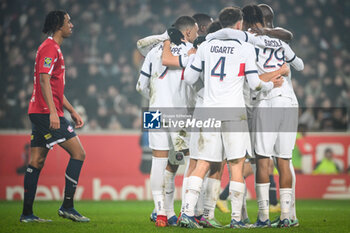 2023-12-17 - Kylian MBAPPE of PSG celebrate his goal with teammates during the French championship Ligue 1 football match between Losc Lille and Paris Saint-Germain on December 17, 2023 at Pierre Mauroy stadium in Villeneuve-d'Ascq near Lille, France - FOOTBALL - FRENCH CHAMP - LILLE V PARIS SG - FRENCH LIGUE 1 - SOCCER