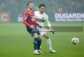 2023-12-17 - Gabriel Gudmundsson of Lille, Marquinhos of PSG during the French championship Ligue 1 football match between Losc Lille and Paris Saint-Germain on December 17, 2023 at Pierre Mauroy stadium in Villeneuve-d'Ascq near Lille, France - FOOTBALL - FRENCH CHAMP - LILLE V PARIS SG - FRENCH LIGUE 1 - SOCCER
