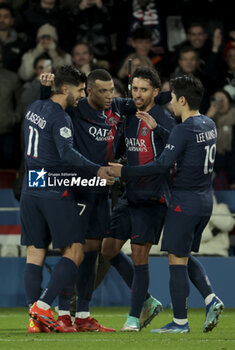 2023-12-20 - Kylian Mbappe of PSG celebrates his second goal with Marco Asensio, Marquinhos, Lee Kang-in during the French championship Ligue 1 football match between Paris Saint-Germain and FC Metz on December 20, 2023 at Parc des Princes stadium in Paris, France - FOOTBALL - FRENCH CHAMP - PARIS SG V METZ - FRENCH LIGUE 1 - SOCCER