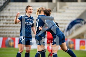 2023-02-04 - Gaetane Thiney of Paris FC celebrates the goal with Julie Soyer of Paris FC and Mathilde Bourdieu of Paris FC during the Women's French championship, D1 Arkema football match between Paris FC and Dijon FCO on February 4, 2023 at Sebastien Charlety stadium in Paris, France - FOOTBALL - WOMEN'S FRENCH CHAMP - PARIS FC V DIJON - FRENCH WOMEN DIVISION 1 - SOCCER