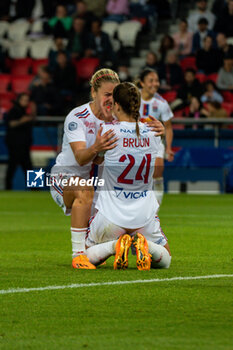 2023-05-21 - Lindsey Horan of Olympique Lyonnais and Signe Bruun of Olympique Lyonnais celebrates after scoring during the Women's French championship D1 Arkema football match between Paris Saint-Germain and Olympique Lyonnais (Lyon) on May 21, 2023 at Parc des Princes stadium in Paris, France - FOOTBALL - WOMEN'S FRENCH CHAMP - PARIS SG V LYON - FRENCH WOMEN DIVISION 1 - SOCCER
