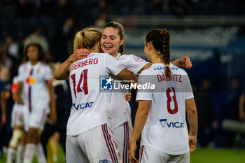 2023-05-21 - Ada Hegerberg of Olympique Lyonnais, Signe Bruun of Olympique Lyonnais and Sara Dabritz of Olympique Lyonnais celebrate the victory after the Women's French championship D1 Arkema football match between Paris Saint-Germain and Olympique Lyonnais (Lyon) on May 21, 2023 at Parc des Princes stadium in Paris, France - FOOTBALL - WOMEN'S FRENCH CHAMP - PARIS SG V LYON - FRENCH WOMEN DIVISION 1 - SOCCER
