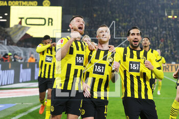 2023-03-03 - Marco Reus of Dortmund celebrates his goal 1-0 with Salih Ozcan and Emre Can during the German championship Bundesliga football match between Borussia Dortmund and RB Leipzig on March 3, 2023 at Signal Iduna Park in Dortmund, Germany - FOOTBALL - GERMAN CHAMP - DORTMUND V LEIPZIG - GERMAN BUNDESLIGA - SOCCER