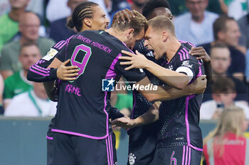 2023-08-18 - Leroy Sane of Bayern Munich celebrates his goal 0-1 with Harry Kane, Joshua Kimmich during the German championship Bundesliga football match between Werder Bremen and Bayern Munich on August 18, 2023 at Weserstadion in Bremen, Germany - FOOTBALL - GERMAN CHAMP - WERDER BREMEN V BAYERN MUNICH - GERMAN BUNDESLIGA - SOCCER