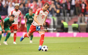 2023-08-27 - Harry Kane of Bayern Munich scores a goal 2-0 during the German championship Bundesliga football match between Bayern Munich and Augsburg on August 27, 2023 at Allianz Arena in Munich, Germany - FOOTBALL - GERMAN CHAMP - BAYERN MUNICH V AUGSBURG - GERMAN BUNDESLIGA - SOCCER