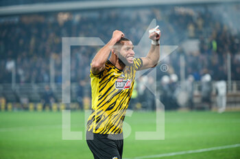 2023-01-08 - 2 HAROLD MOUKOUDI of Aek FC celebrating the victory during the Greek Super League, Matchday 17, match between Aek FC and Panathinaikos FC at Opap Arena Stadium on January 8, 2023 in Athens, Greece. - AEK FC VS PANATHINAIKOS FC - GREEK SUPER LEAGUE - SOCCER