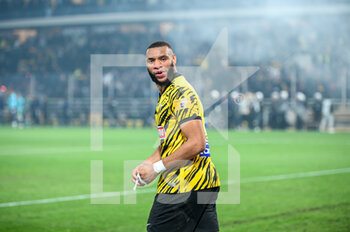 2023-01-08 - 2 HAROLD MOUKOUDI of Aek FC celebrating the victory during the Greek Super League, Matchday 17, match between Aek FC and Panathinaikos FC at Opap Arena Stadium on January 8, 2023 in Athens, Greece. - AEK FC VS PANATHINAIKOS FC - GREEK SUPER LEAGUE - SOCCER