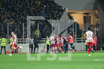 2023-03-12 - Players of Olympiacos FC celebrating a goal during the Greek Super League, Matchday 26, match between AEK FC and Olympiacos FC at OPAP Arena on March 12, 2023, in Athens, Greece. - AEK FC VS OLYMPIACOS FC - GREEK SUPER LEAGUE - SOCCER