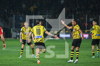 2023-03-12 - 10 STEVEN ZUBER of AEK FC celebrating with his teammates a goal during the Greek Super League, Matchday 26, match between AEK FC and Olympiacos FC at OPAP Arena on March 12, 2023, in Athens, Greece. - AEK FC VS OLYMPIACOS FC - GREEK SUPER LEAGUE - SOCCER