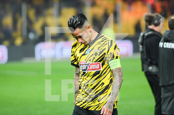 2023-03-12 - 11 SERGIO ARAUJO of AEK FC with head down after the defeat from Olympiacos FC during the Greek Super League, Matchday 26, match between AEK FC and Olympiacos FC at OPAP Arena on March 12, 2023, in Athens, Greece. - AEK FC VS OLYMPIACOS FC - GREEK SUPER LEAGUE - SOCCER