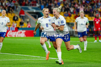 2023-07-24 - Georgia Stanway (8) of England scores from the penalty spot and celebrates with Alessia Russo 1-0 during the 2023 FIFA Women’s World Cup, Group D football match between England and Haiti on 22 July 2023 at Suncorp Stadium in Brisbane, Australia - FOOTBALL - WOMEN'S WORLD CUP 2023 - ENGLAND V HAITI - FIFA WORLD CUP - SOCCER