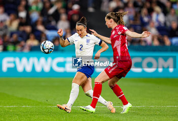 2023-07-28 - Lucy Bronze (2) of England tussles with Nicoline Sorensen (14) of Denmark during the 2023 FIFA Women’s World Cup, Group D football match between England and Denmark on 28 July 2023 at Sydney Football Stadium in Sydney, Australia - FOOTBALL - WOMEN'S WORLD CUP 2023 - ENGLAND V DENMARK - FIFA WORLD CUP - SOCCER