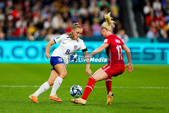 2023-07-28 - Georgia Stanway (8) of England goes past Rikke Madsen (17) of Denmark during the 2023 FIFA Women’s World Cup, Group D football match between England and Denmark on 28 July 2023 at Sydney Football Stadium in Sydney, Australia - FOOTBALL - WOMEN'S WORLD CUP 2023 - ENGLAND V DENMARK - FIFA WORLD CUP - SOCCER