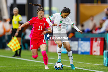 2023-07-30 - Zineb Redouani (2) of Morocco tussles with Choe Yu-ri (11) of Korea Republic during the 2023 FIFA Women’s World Cup, Group H football match between Korea Republic and Morocco on 30 July 2023 at Hindmarsh Stadium in Adelaide, Australia - FOOTBALL - WOMEN'S WORLD CUP 2023 - KOREA REPUBLIC V MOROCCO - FIFA WORLD CUP - SOCCER