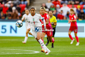 2023-07-30 - Ghizlane Chebbak (7) of Morocco holds off Cho So-hyun (8) of Korea Republic during the 2023 FIFA Women’s World Cup, Group H football match between Korea Republic and Morocco on 30 July 2023 at Hindmarsh Stadium in Adelaide, Australia - FOOTBALL - WOMEN'S WORLD CUP 2023 - KOREA REPUBLIC V MOROCCO - FIFA WORLD CUP - SOCCER
