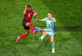 2023-08-01 - Jayde Riviere (8) of Canada tussles with Caitlin Foord (9) of Australia during the 2023 FIFA Women’s World Cup, Group B football match between Canada and Australia on 31 July 2023 at Melbourne Rectangular Stadium in Melbourne, Australia - FOOTBALL - WOMEN'S WORLD CUP 2023 - CANADA V AUSTRALIA - FIFA WORLD CUP - SOCCER