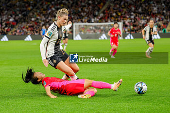 2023-08-03 - Choo Hyo-joo (2) of Korea Republic slides in and tackles Jule Brand (22) of Germany during the 2023 FIFA Women’s World Cup, Group H football match between Korea Republic and Germany on 3 August 2023 at Brisbane Stadium in Brisbane, Australia - FOOTBALL - WOMEN'S WORLD CUP 2023 - KOREA REPUBLIC V GERMANY - FIFA WORLD CUP - SOCCER