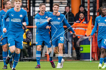 2023-04-16 - Guus Til (20) of PSV celebrates his goal 1-3 with Joey Veerman during the Netherlands championship Eredivisie football match between FC Volendam and PSV on April 16, 2023 at Kras Stadion in Volendam, Netherlands - FOOTBALL - NETHERLANDS CHAMP - VOLENDAM V PSV - NETHERLANDS EREDIVISIE - SOCCER