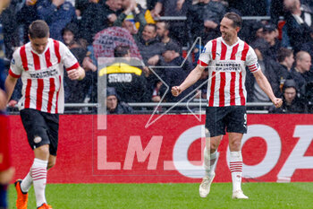2023-04-23 - Luuk de Jong of PSV celebrates after scoring his teams third goal during the Netherlands championship Eredivisie football match between PSV and Ajax on April 23, 2023 at Philips Stadion in Eindhoven, Netherlands - FOOTBALL - NETHERLANDS CHAMP - PSV V AJAX - NETHERLANDS EREDIVISIE - SOCCER
