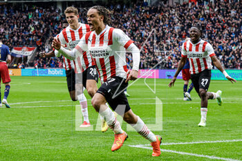 2023-04-23 - Xavi Simons of PSV celebrates his goal 2-0 during the Netherlands championship Eredivisie football match between PSV and Ajax on April 23, 2023 at Philips Stadion in Eindhoven, Netherlands - FOOTBALL - NETHERLANDS CHAMP - PSV V AJAX - NETHERLANDS EREDIVISIE - SOCCER