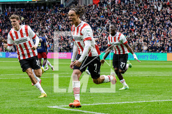 2023-04-23 - Xavi Simons of PSV celebrates his goal 2-0 during the Netherlands championship Eredivisie football match between PSV and Ajax on April 23, 2023 at Philips Stadion in Eindhoven, Netherlands - FOOTBALL - NETHERLANDS CHAMP - PSV V AJAX - NETHERLANDS EREDIVISIE - SOCCER