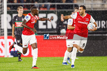 2023-10-29 - Vangelis Pavlidis of AZ celebrates the first goal with Bruno Martins Indi during the Netherlands championship Eredivisie football match between AZ and NEC on October 29, 2023 at AFAS Stadion in Alkmaar, Netherlands - FOOTBALL - NETHERLANDS CHAMP - AZ V NEC - NETHERLANDS EREDIVISIE - SOCCER